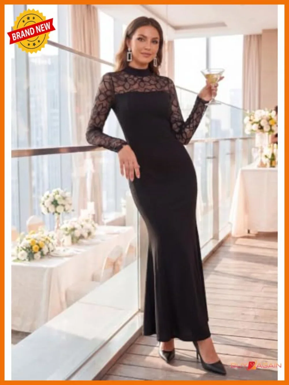 Lace Sheer Bodycon Maxi Dress Mock Neck Mermaid Semi Formal